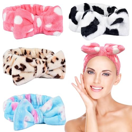 KEYRI 4 Stück Kosmetik Haarband Spa Bowknot Haarbänder Spa Gesicht Stirnband für Damen Elastisch Korallenvlies Haarband Schminken für Gesicht Waschen Yoga (Weiß, Rosa, Blau, Leopard, Einheitsgröße)
