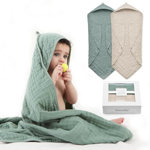 FAVERDIIY Baby-Badetuch mit Kapuze für Neugeborene, 88,9 x 89,9 cm, 2 Stück, 100 % Musselin-Baumwolle, Baby-Badetuch, weiche Baby-Strandtücher mit Kapuze für Säuglinge, Kleinkinder und Kinder,