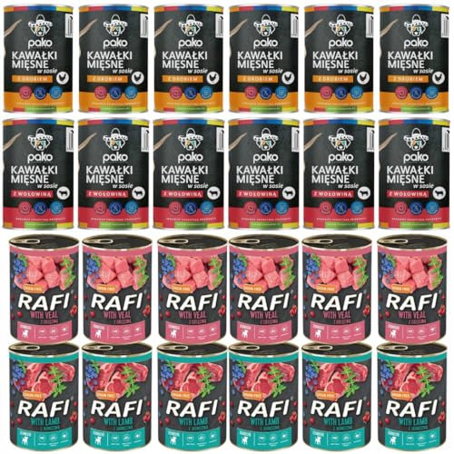 Dolina noteci Rafi & PAKO Nassfutter Set für Hunde | 24x400g | Rafi Junior Kalb & Lamm | Pako Huhn & Rind