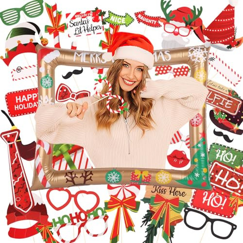 Fotobox Accessoires Weihnachten, 39 STK Aufblasbare Fotorahmen Foto Requisiten Weihnachtsparty Deko Weihnachtsfeier Deko Weihnachtsaccessoires Gold Weihnachtsassesoires