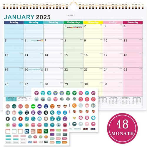 Benjia Kalender Wandkalender 2025-2026 Schuljahr A4, Jan 2025 bis Juli 2026 (18 Monate), Großer Tischkalender Monatskalender mit Ferienübersicht Kunststoff-Schutzhülle Planer-Aufklebern