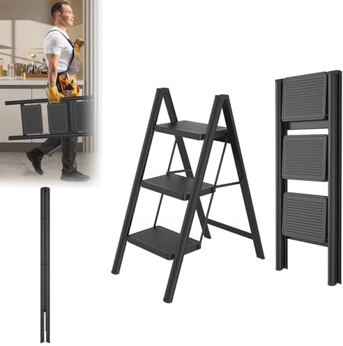 Lars360 Scaletta pieghevole a 3 gradini in acciaio, superficie in gomma antiscivolo, gradini più larghi, portata fino a 250 kg, per casa, ufficio, garage, nero