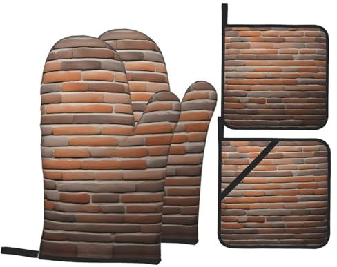 Manoplas de horno y agarraderas industriales con fondo de pared de ladrillo, guantes y soportes para cocinar y hornear (juego de 4 piezas)