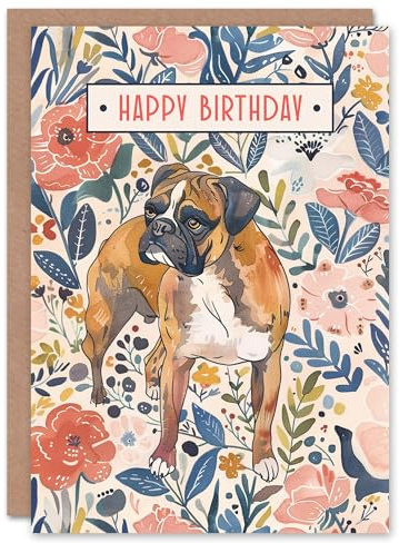 Artery8 Dog Lover Pet Boxer and Rustic Floral Pattern Blank For Him Or Her Art Birthday Card