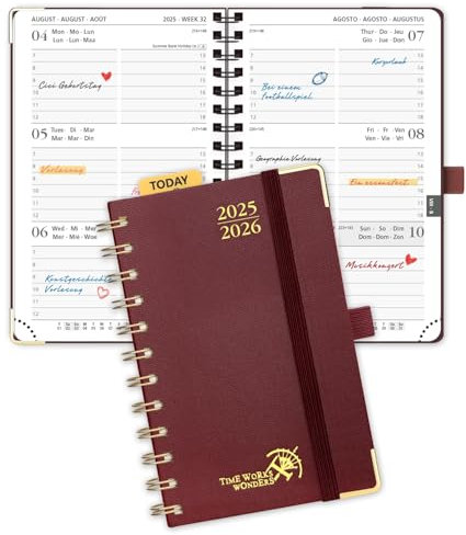 POPRUN Taschenkalender 2025 2026 Klein Ringbuch mit Hardcover, ca. A6 (16 x 10,5 cm) - Kalender 2025 2026 Klein (Aug.2025-Dez.2026) - Wochenplaner mit Vergoldete Schutzecken - Burgund