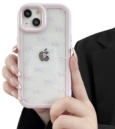 ZTOFERA Case for iPhone 13/14, Cute Bowknot Transparent Clear Case, Soft TPU Ultra Slim Shockproof Anti-Yellow Protective Cover for 6.1 - Pink Purple