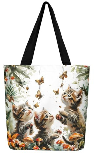 Loussiesd Katze Große Kapazität Stofftasche Katze Gedruckt Leinwand Einkaufstasche Geschenke für Frauen Tragetasche Katze Einkaufsbeutel
