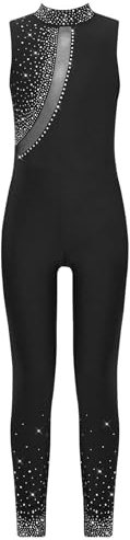 Miaeowve Voltigieranzug Kinder Ganzkörper Mädchen Ballett Tanzanzug Strass Glitzer Overall Ärmellos Jumpsuit Trikotanzug Schwarz 146-152
