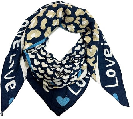 J26 Love Herz Leopard Dreieck Schal aus 100% Baumwolle Frühling Unisex Uni Fashion Stola Tuch Übergangszeit Italy Sommer Strickschal Strick Tuch Heart Leo (Dunkelblau)