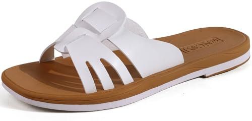 ONCAI Slides for Womens, Flat Dressy Square Toe Summer Beach Sandals for Woman 2025 with Comfortable Non-slip Rubber Soles White Khaki Size 5.5