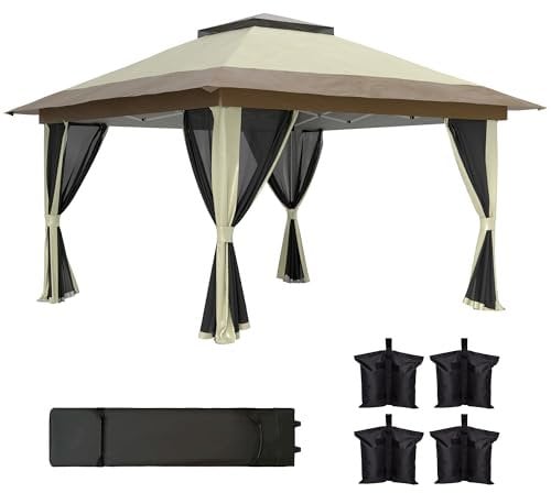 Outsunny Carpa Plegable Gazebo 3,6x3,6 m Cenador Plegable con 4 Paredes Laterales de Malla Anti-UV Altura Ajustable Bolsa de Arena y Bolsa de Transporte para Camping Fiestas Crema