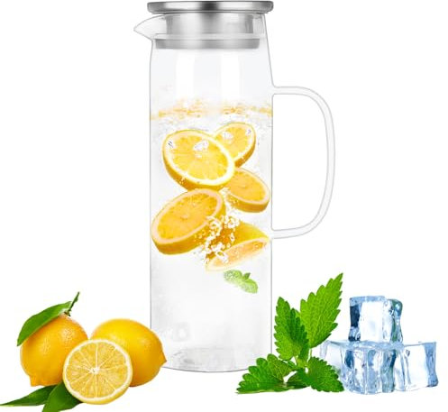 WEXFFU Fridge Door Water Jug, Fridge Jug with Lid, 1.5L/51oz Water Pitcher with Stainless Steel Lid for Hot/Cold Water, Glass Carafe for Homemade Juice Ice Tea Coffee Milk Wine and Beverage