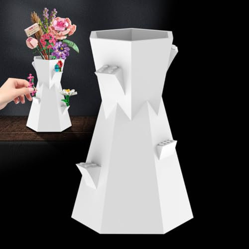 Vase für Lego Blumen, kompatibel mit Lego Steinen,für LEGOBlumensträußchen-Baukasten,Ständer für LEGORosen,Kirschblüten, Sonnenblumen, Tulpen, Narzissen,Lotos-Geschenk für LEGOBlumenliebhaber-weiß
