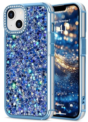 ROSEHUI for iPhone 14/13 Case Glitter,Cute Luxury Sparkly Bling Phone Cases with Diamond Rhinestone,Soft TPU Shiny Camera Lens Protection Shockproof Cover for Women Girls-Blue