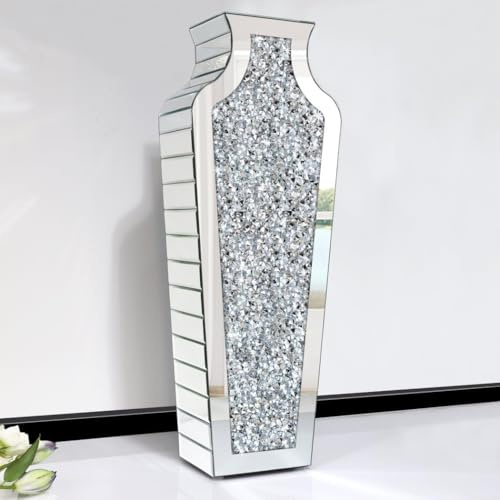 XL 68cm Crushed Diamond Floor Vase, Pot Silver Crystal Mirrored Tall Vase for Living Room & Bedroom – Decorative Modern for Dried Flowers