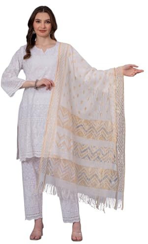 LONIX Women's White Chikankari Kurta Set – Hand Embroidered Cotton Kurti Pant & Dupatta – Traditional Indian Tunic Dress, White, Large