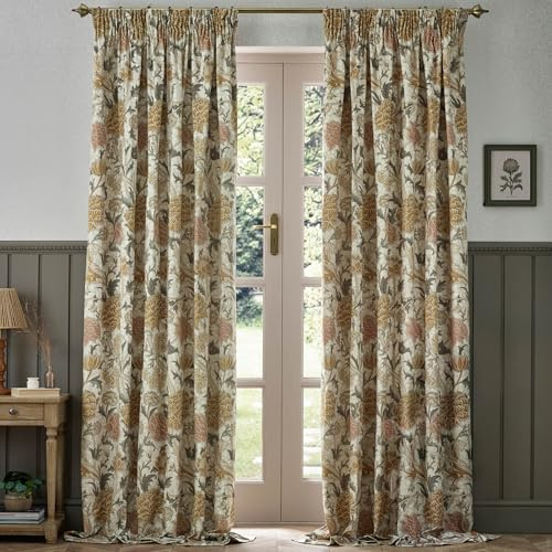 Morris&Co. Cray Pencil Pleat Curtain Pair – Lined Velvet Floral River-Inspired Drapes (Stone/Clay - 168x229cm)