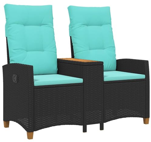 vidaXL Liegebank mit Tisch Schwarz und Türkis 126 x 65 x 112 cm, Verstellbarer Rattan-Lehnstuhl, moderner Gartenstuhl, wetterfest, gemütlich entspannen, ideal für draußen