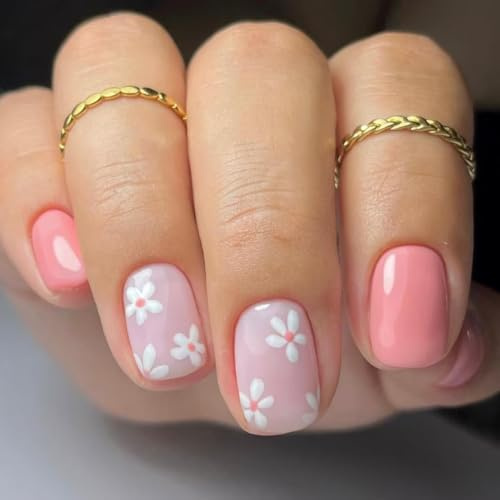 Spring Pink Press on Nails Short square Fake Nails Cute Pink Floral False Nail Design Cherry Blossoms Glossy Acrylic Nails for Women Girls DIY Manicure Decoration 24Pcs