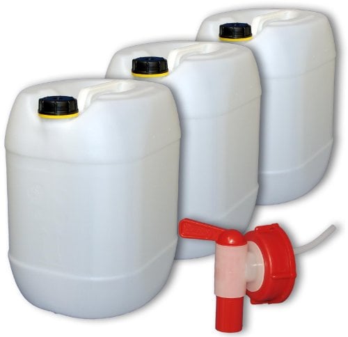 plasteo Lot de 3 : 3x30 litres de Boissons et d'eau Potable Réservoir d'eau avec 1 Robinet et 3 couvercles vissés | Convient pour Aliments | sans BPA | Portable | Intérieur et extérieur