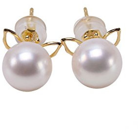 JYX Elegante 8 mm hochwertige weiße Akoya-Perlen Ohrstecker in 18 Karat Gold für Frauen