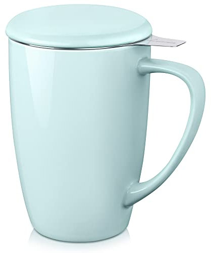 LOVECASA Tazas de Té con Tapa y Filtro Acero inoxidable 450 ML, Taza Tisana de Porcelana Azul Claro