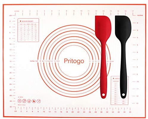 Pritogo Backunterlage Silikonmatte (50 x 40 cm) + 2X Teigschaber Rollmatte Backmatte Teigmatte mit Skala Antihaft BPA-Frei rutschfest