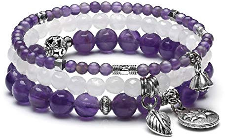 JSDDE Schmuck Wickelarmband Mehrschichtiges Armbänder Set Freundschaftsarmband Partnerarmbänder aus Edelsteine Heilsteine mit Lotus Blätter Anhänger für Damen Frauen (Amethyst)
