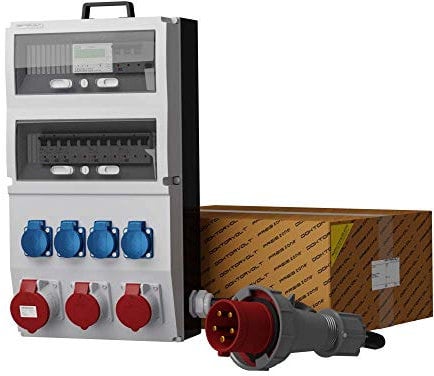 Doktorvolt Baustromverteiler mit FI-Schutz und CEE-Steckdosen, Stromverteiler eXT-S/FI 32A 2x16A 4x230V SKH mit Stromzähler und 5x10mm2 Kabel, Leitungsschutzschalter und 3-Phasiger Stromzähler