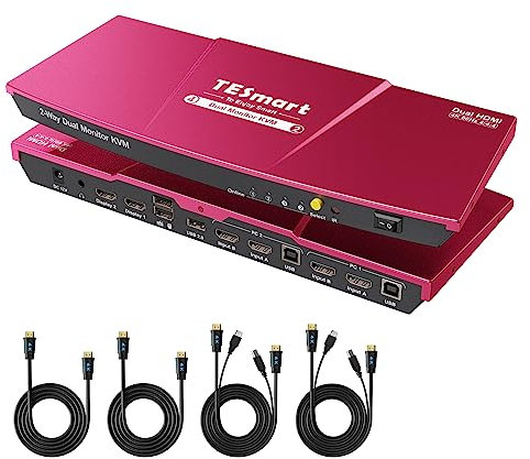 TESmart Dual Monitor KVM Switch, 2 Port HDMI KVM Switch 2 Monitors 2 Computers, UHD 4K@60Hz, Stereo Audio, Hotkey, Button Switching, USB 2.0, PC Monitor Keyboard Mouse Switcher with Cables and Remote