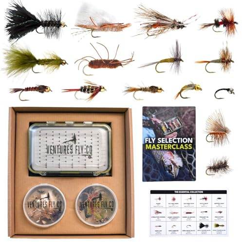 Ventures Fly Co. Sortiment av 40 handknutna flugfiskeflugor | fluglåda ingår | torr, våt, nymfer, ormar, ylliga, markbundna buggers, bete kit för