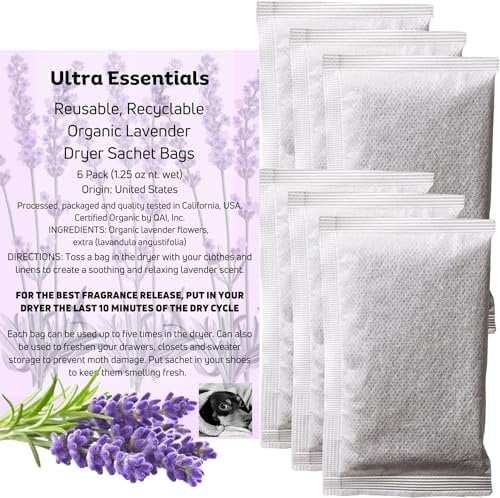Ultra Beauty Essentials - Bolsas de secado de lavanda orgánicas, paquete de 6, 10 ciclos de secador, evita el olor de zapatos, cajón y clóset, protector de suéter (6)
