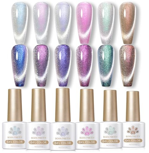 BORN PRETTY UV Nagellack Magnetisch Set, Magnet Shellac Set Cat Magnetisch Eye Gel Nagellack Auroras Schimmern Perle Doppelte Wirkung für Herbst Nageldesign mit Magnetstift 6 Farben