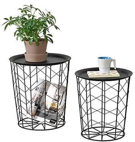 [en.casa] 2er Set Metallkorb Beistelltische 'Cerisey' mit Tablet Schwarz Tablettisch Couchtisch Serviertisch Sofatisch Metall