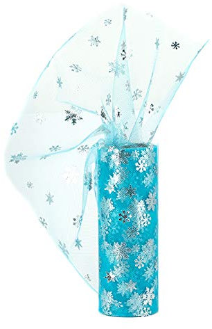 Creativery Tüll Stoff 9m x 15cm Schneeflocken türkis