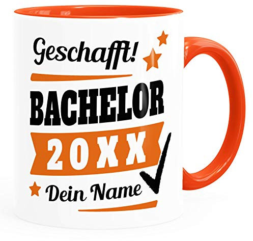 SpecialMe® Tasse Bachelor Abschluss personalisiert mit Namen und Jahr Geschenk Student Studentin Bachelorarbeit inner-orange Keramik-Tasse
