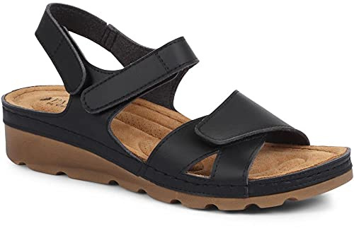 Pavers Women's Sandals in Black with Adjustable Soft Straps - Memory Foam Suede Footbed - Comfortable Fit Lightweight Footwear - Size UK 7 / EU 40