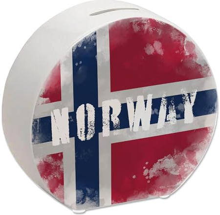 Spardose mit Norwegen-Flagge im Used Look - Sparschwein für Urlauber eine schöne Sparbüchse mit der norwegischen Nationalflagge verziert um auf die Reise nach Norwegen zu sparen