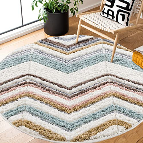 payé Teppich Rund - 200x200cm - Hochflor - Boho - Pastell Creme Grau - Einfarbig - Modern Raute Ornamente - Skandinavisch Flauschig Weich - Schlafzimmer Dekoration