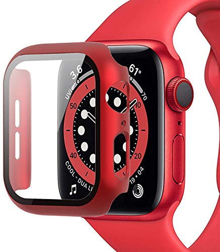 Miimall Compatible con Apple Watch Series 3/2/1 42 mm 38 mm funda con protector de pantalla de cristal templado, ultrafina, protector de pantalla para iWatch 42 mm, color rojo