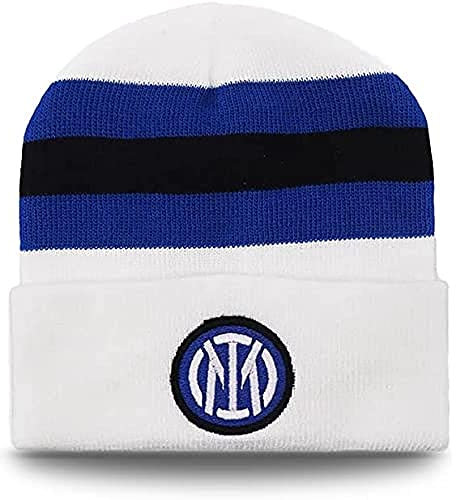 Inter Berretto invernale con Ribalta Nuovo Logo con Righe, Acrilico, Unisex Adulto, Bianco/Nero/Blu, Taglia Unica