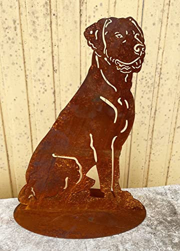 Gartenfigur Hund Labrador sitzend auf Platte 50x35cm Edelrost Gartendeko Wetterfest Rost Metall Rostfigur von Steinfigurenwelt