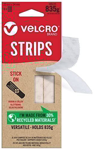 VELCRO Strisce adesive ecologiche, senza viti, resistenti e autoadesive, perfette per decorare la stanza e la casa, l'ufficio, il garage, colore bianco, 20 mm x 64 mm, set da 8