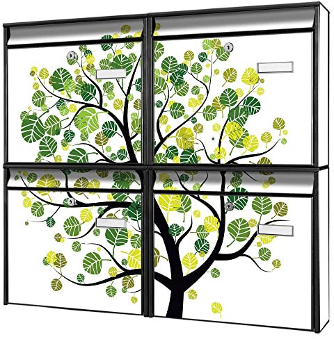 Briefkastenanlage 4 Fach | Postkästen 72x64x10cm groß | verzinkter Stahl weiß DIN A4 Motiv Laubzauberbaum | Briefkasten Set 4 Briefkästen Namensschild, 2 Schlüssel, Montagematerial