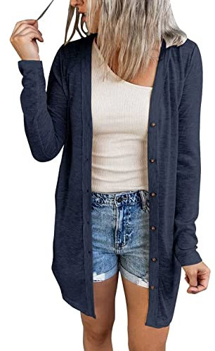 JOCAFIYE Damen Lässig Cardigan Langarm Einfarbig Longshirt Lose Leichte Dünne Lang Strickjacke NBlue L