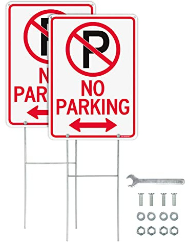 T&R Lot de 2 panneaux d'interdiction de stationnement avec piquet en H pour l'extérieur, 35,6 x 25,4 cm, aluminium lourd .040, réfléchissant, imperméable, résistant aux intempéries et à la