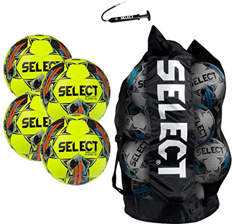 Select Brillant Super TB V22 Fußball, 4-Ball Team Pack mit Duffle Ball Tasche und Handpumpe, Gelb/Grau/Orange, Größe 5 (BSTBV22)