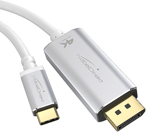 KabelDirekt – USB C auf DisplayPort Adapter Kabel mit bruchfesten Metallsteckern – 2m (überträgt 4K-Video/60Hz von Notebooks/Smartphones auf Bildschirme – DP, USB 3.1, Typ C, Thunderbolt 3, Weiß)