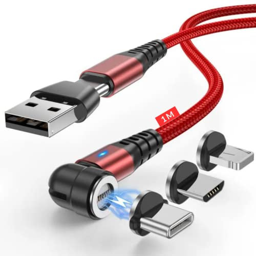 JMF Tech PD 60W Fast Charging USB-C Magnetic Data Cable, 360° & 180° Rotation, 3-in-1 Sync, Samsung S22/Laptop/iPad (Red - 1M)