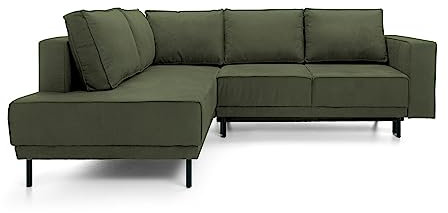 Ecksofa Rodario mit Schlaffunktion, Easy-Clean-Veloursbezug in Olivgrün, linksseitig